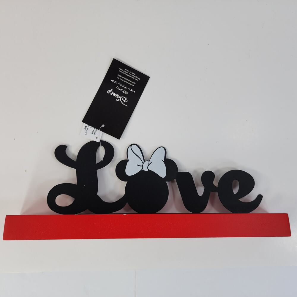 Disney Minnie Mouse Love Tabletop Sign Black Metal Red Wood Base